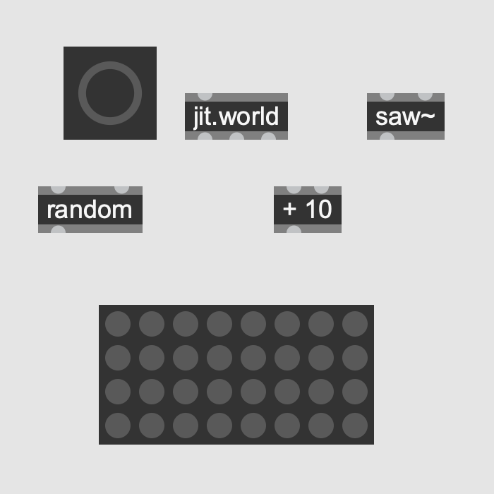 I mattoncini di base di Max: bang, jit.world, saw~, random, +10 e matrixctrl, ancora scollegati