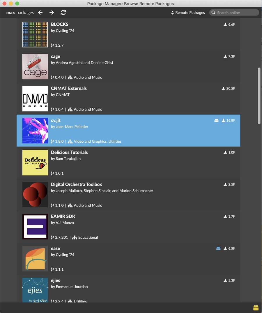 Package Manager di Max con decine di librerie extra disponibili, da BLOCKS a CNMAT Externals